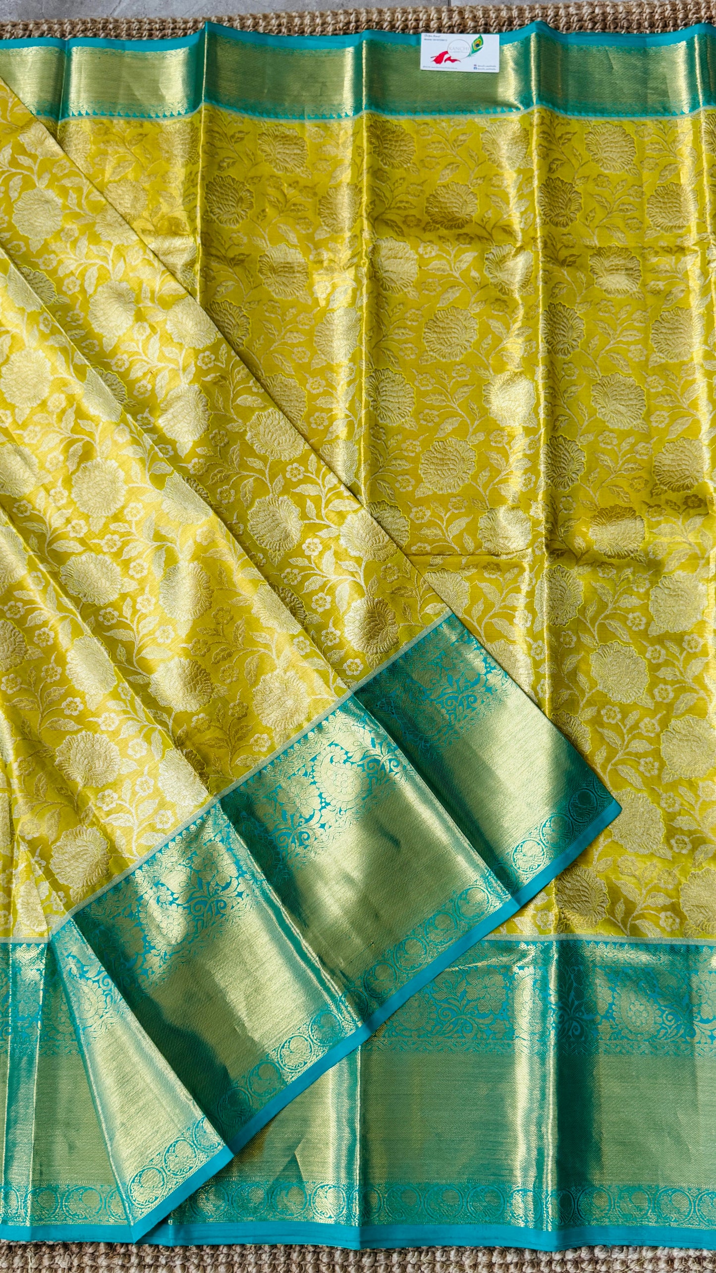 Yellowish Gold Pure Tissue Kanchipuram Silk Saree with Blue Contrast | Silk Mark Certified