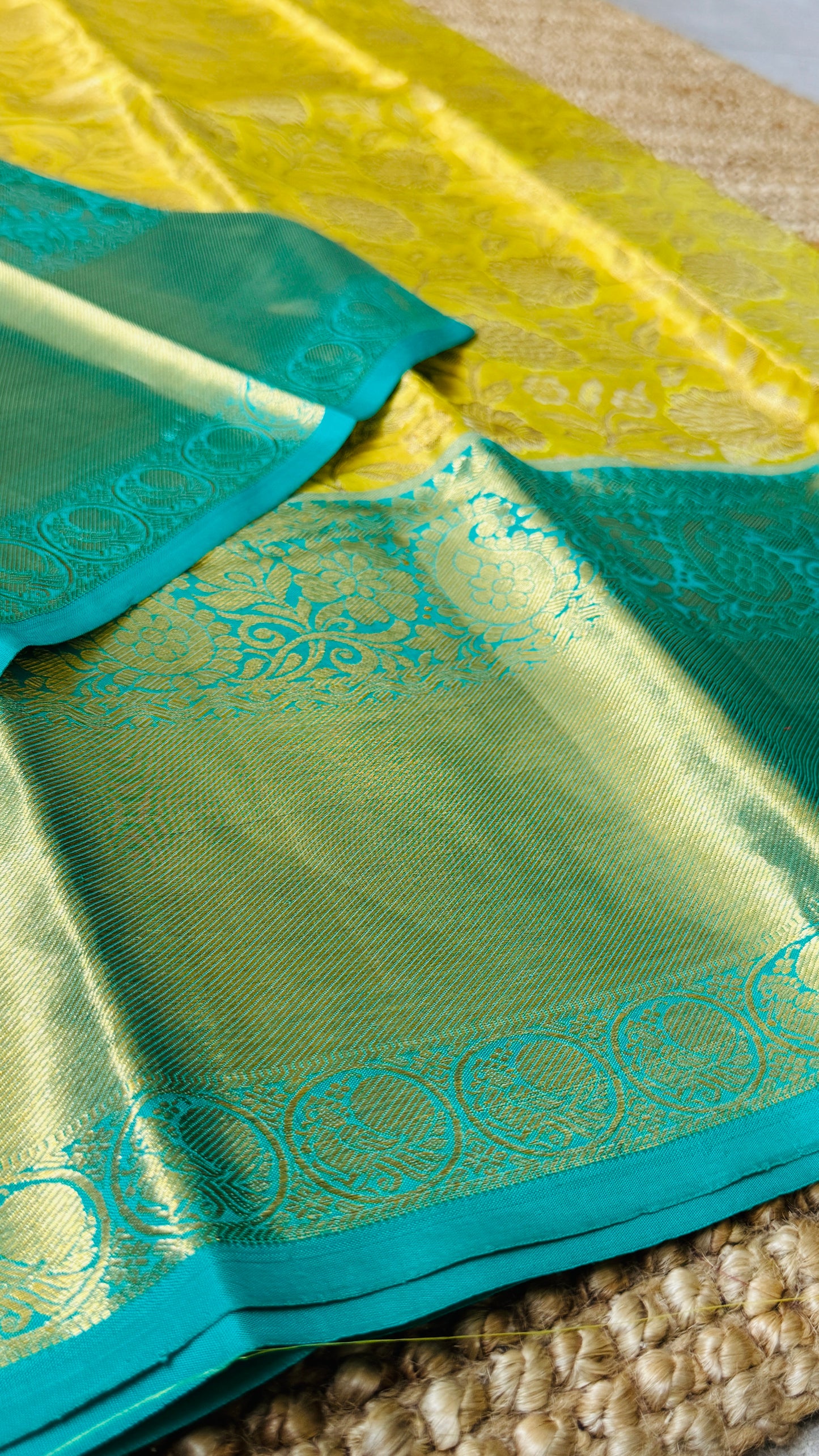 Yellowish Gold Pure Tissue Kanchipuram Silk Saree with Blue Contrast | Silk Mark Certified