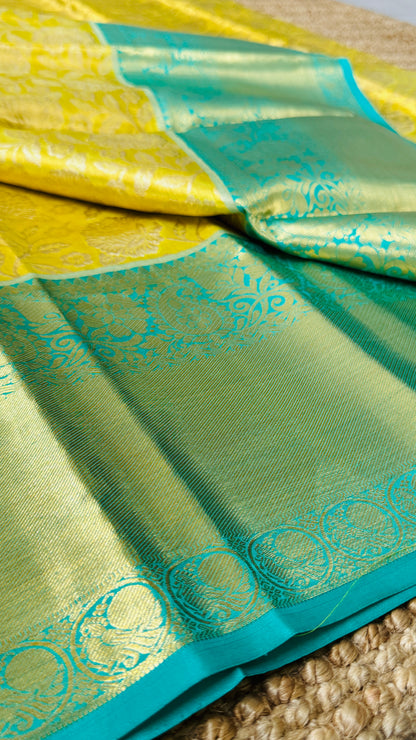 Yellowish Gold Pure Tissue Kanchipuram Silk Saree with Blue Contrast | Silk Mark Certified