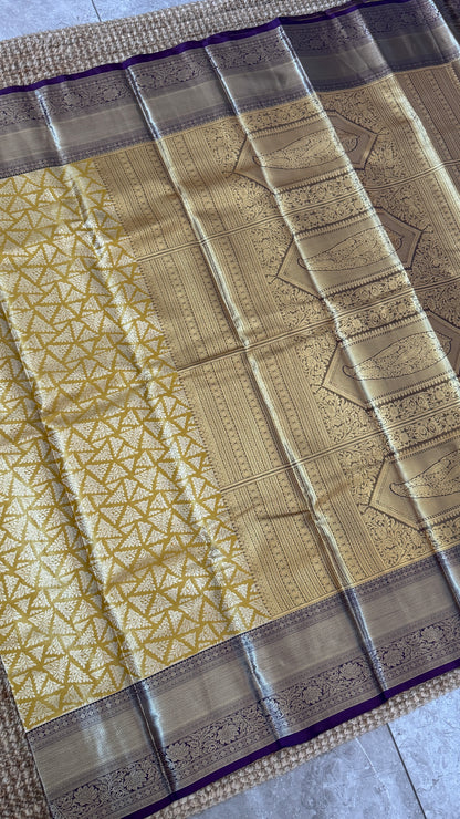 Semi Silk Handloom Saree – Light Gold and Purple