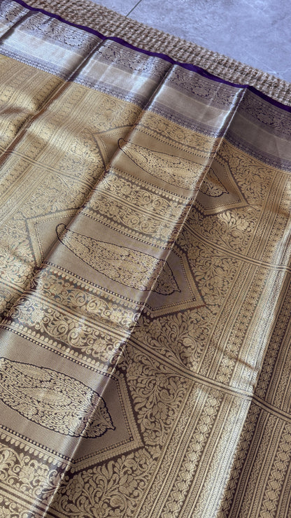 Semi Silk Handloom Saree – Light Gold and Purple
