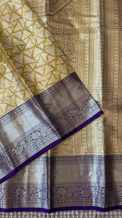 Semi Silk Handloom Saree – Light Gold and Purple