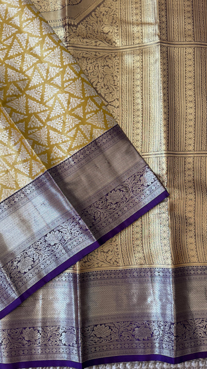 Semi Silk Handloom Saree – Light Gold and Purple