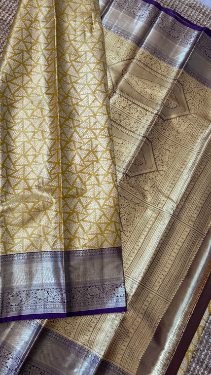 Semi Silk Handloom Saree – Light Gold and Purple