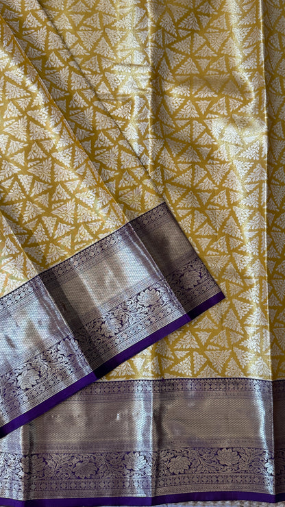 Semi Silk Handloom Saree – Light Gold and Purple