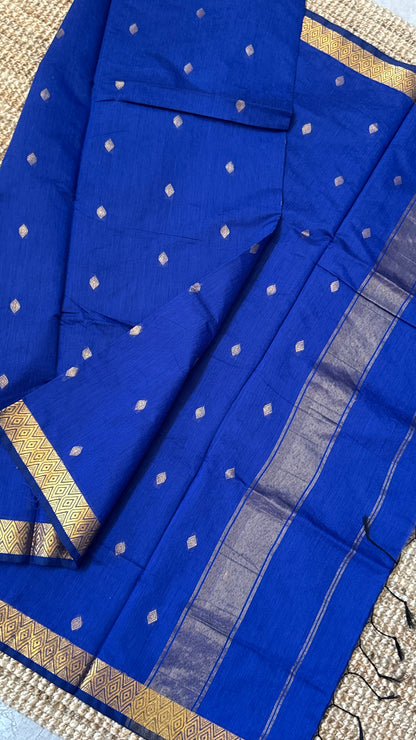 Pure Hand-Woven Cotton Silk Saree - Royal Blue