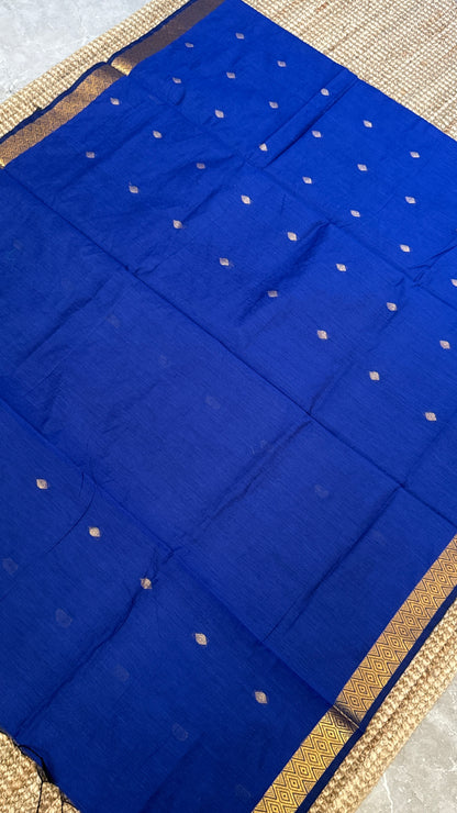 Pure Hand-Woven Cotton Silk Saree - Royal Blue