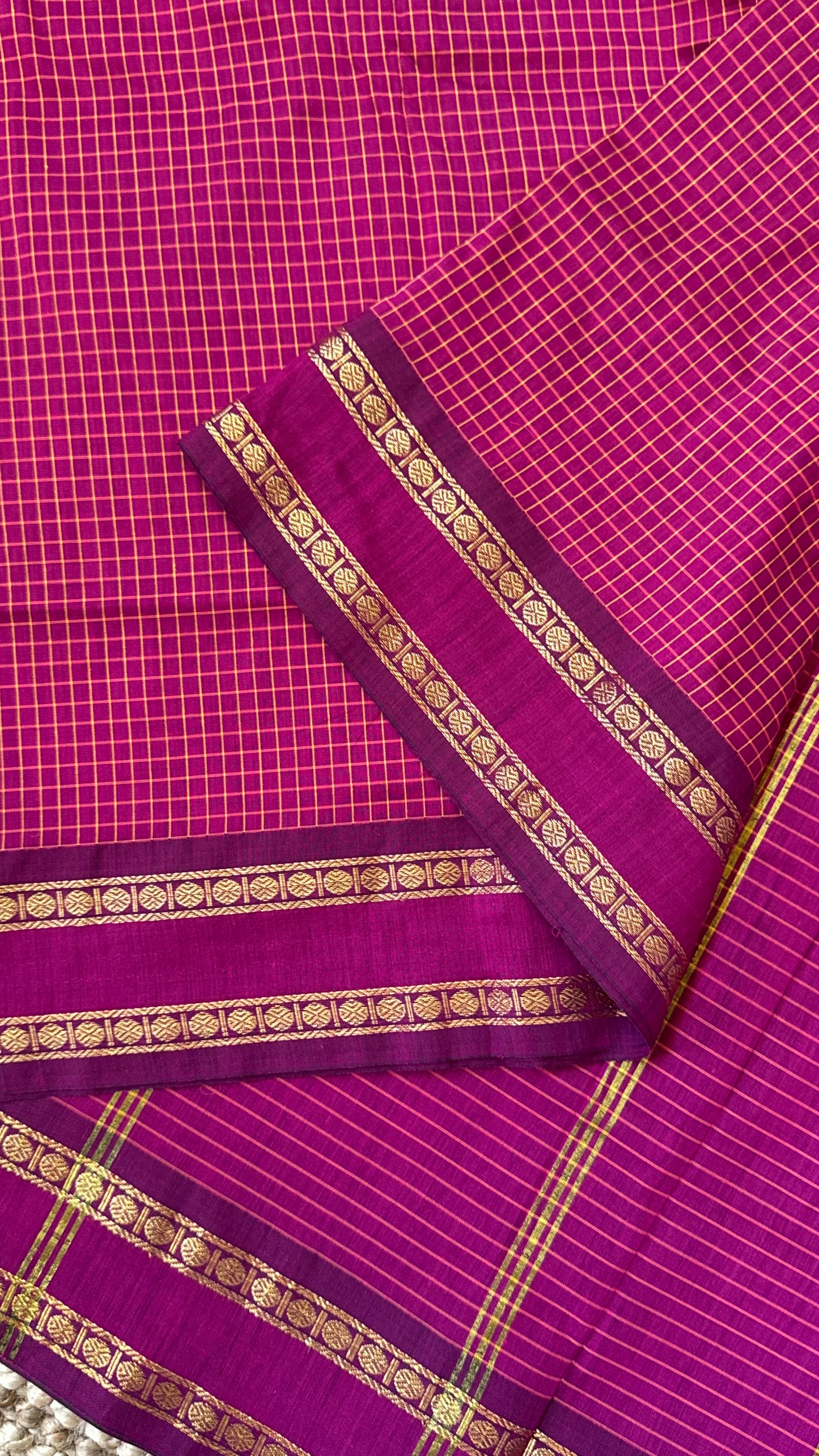 Pure Hand-Woven Checkered Cotton Silk Saree - Pink