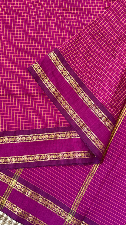 Pure Hand-Woven Checkered Cotton Silk Saree - Pink
