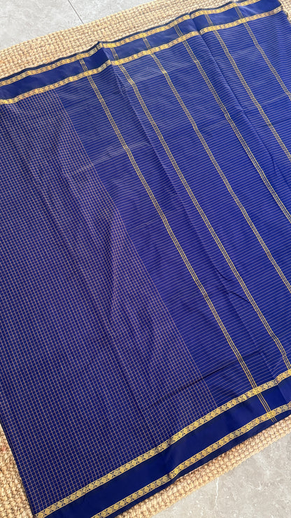 Pure Hand-Woven Checkered Cotton Silk Saree - Royal Blue