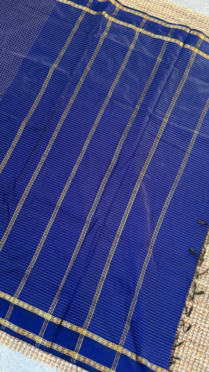 Pure Hand-Woven Checkered Cotton Silk Saree - Royal Blue