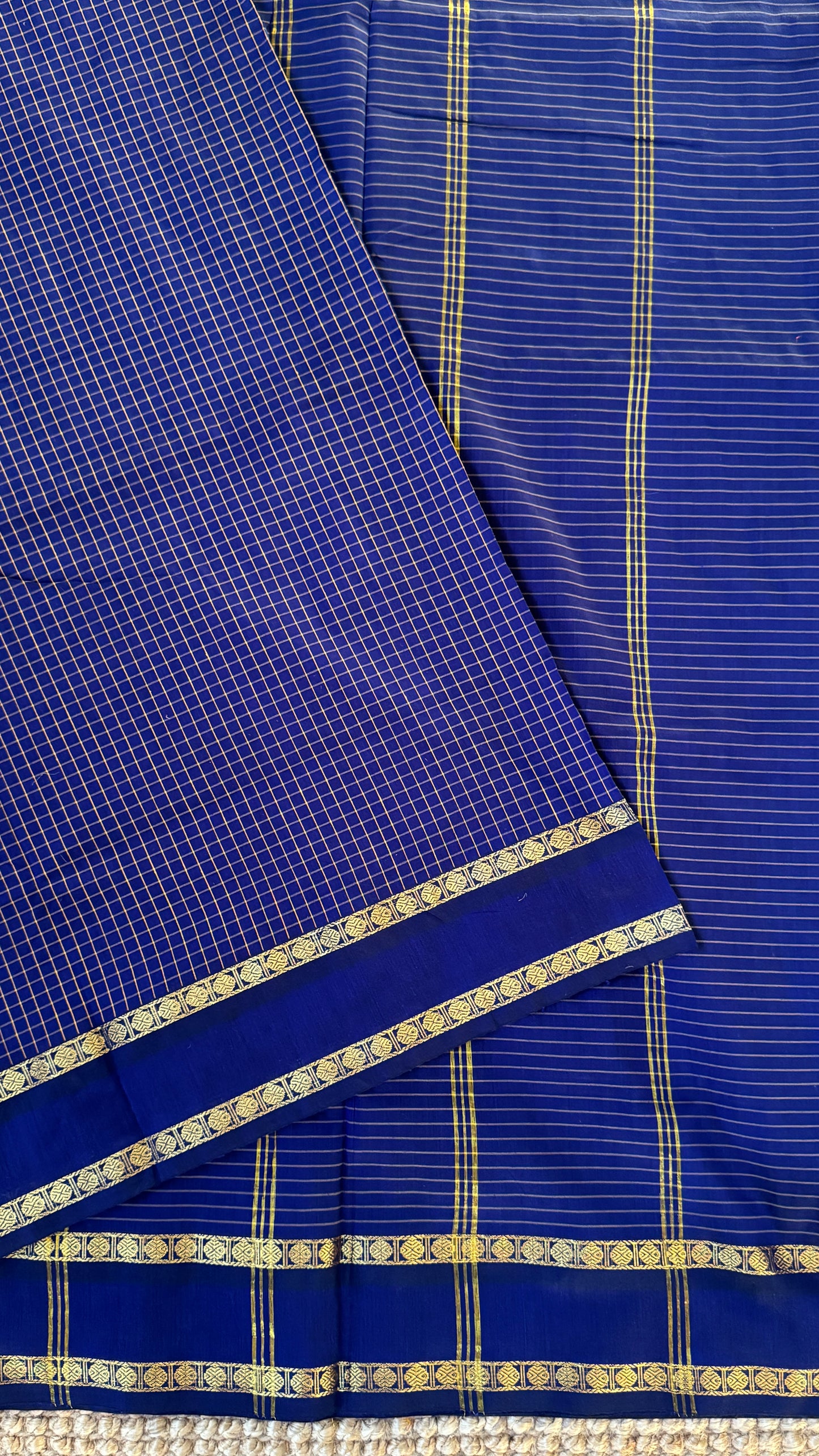 Pure Hand-Woven Checkered Cotton Silk Saree - Royal Blue