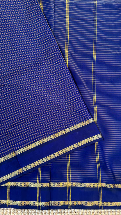 Pure Hand-Woven Checkered Cotton Silk Saree - Royal Blue