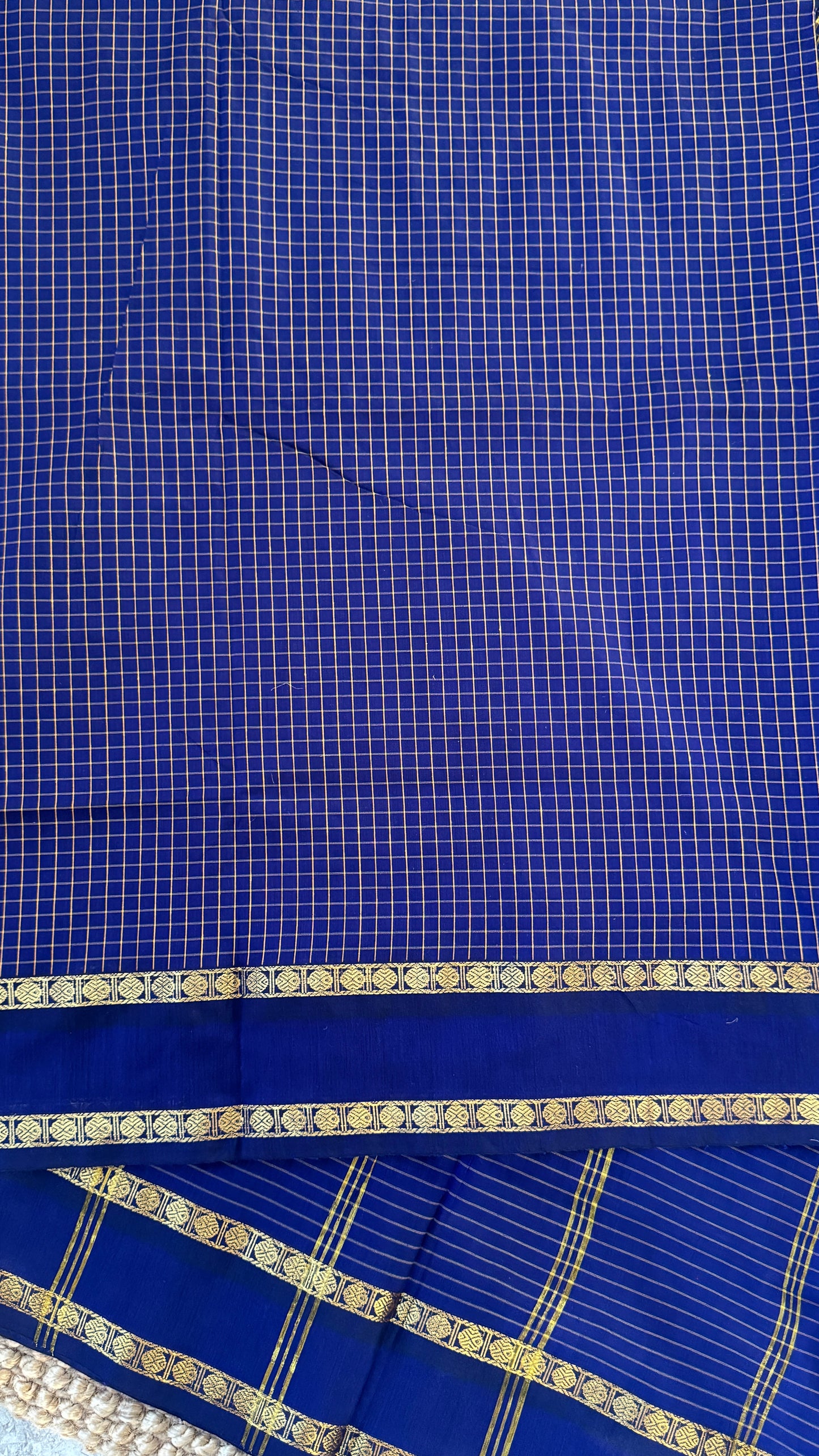 Pure Hand-Woven Checkered Cotton Silk Saree - Royal Blue
