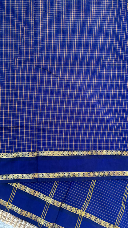 Pure Hand-Woven Checkered Cotton Silk Saree - Royal Blue