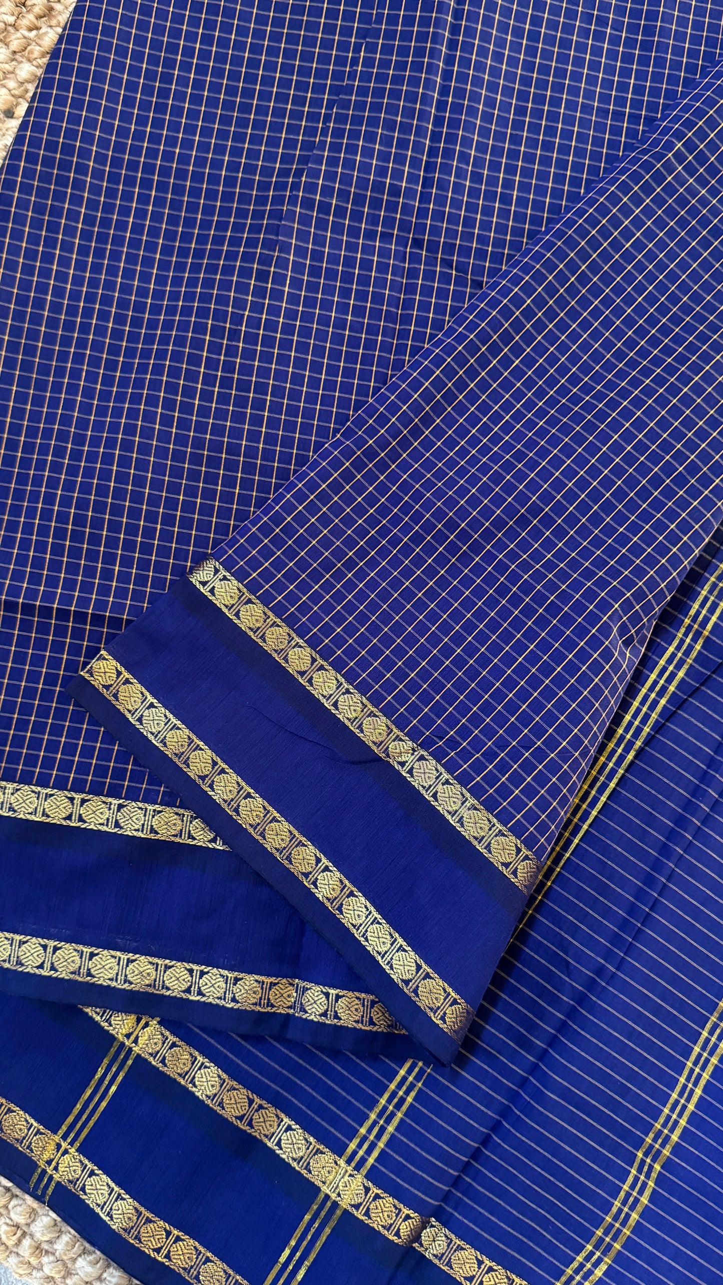 Pure Hand-Woven Checkered Cotton Silk Saree - Royal Blue
