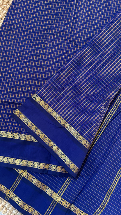 Pure Hand-Woven Checkered Cotton Silk Saree - Royal Blue