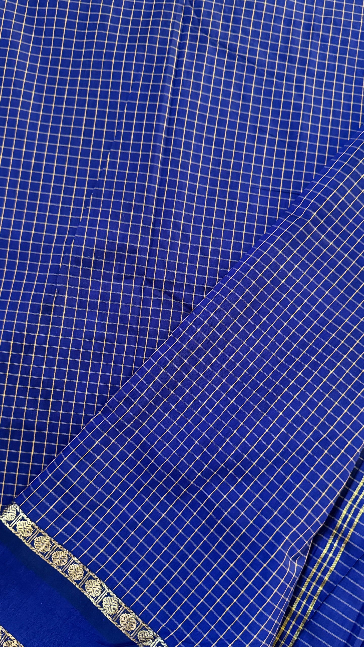 Pure Hand-Woven Checkered Cotton Silk Saree - Royal Blue