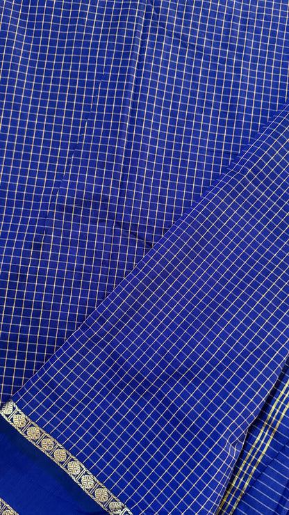 Pure Hand-Woven Checkered Cotton Silk Saree - Royal Blue