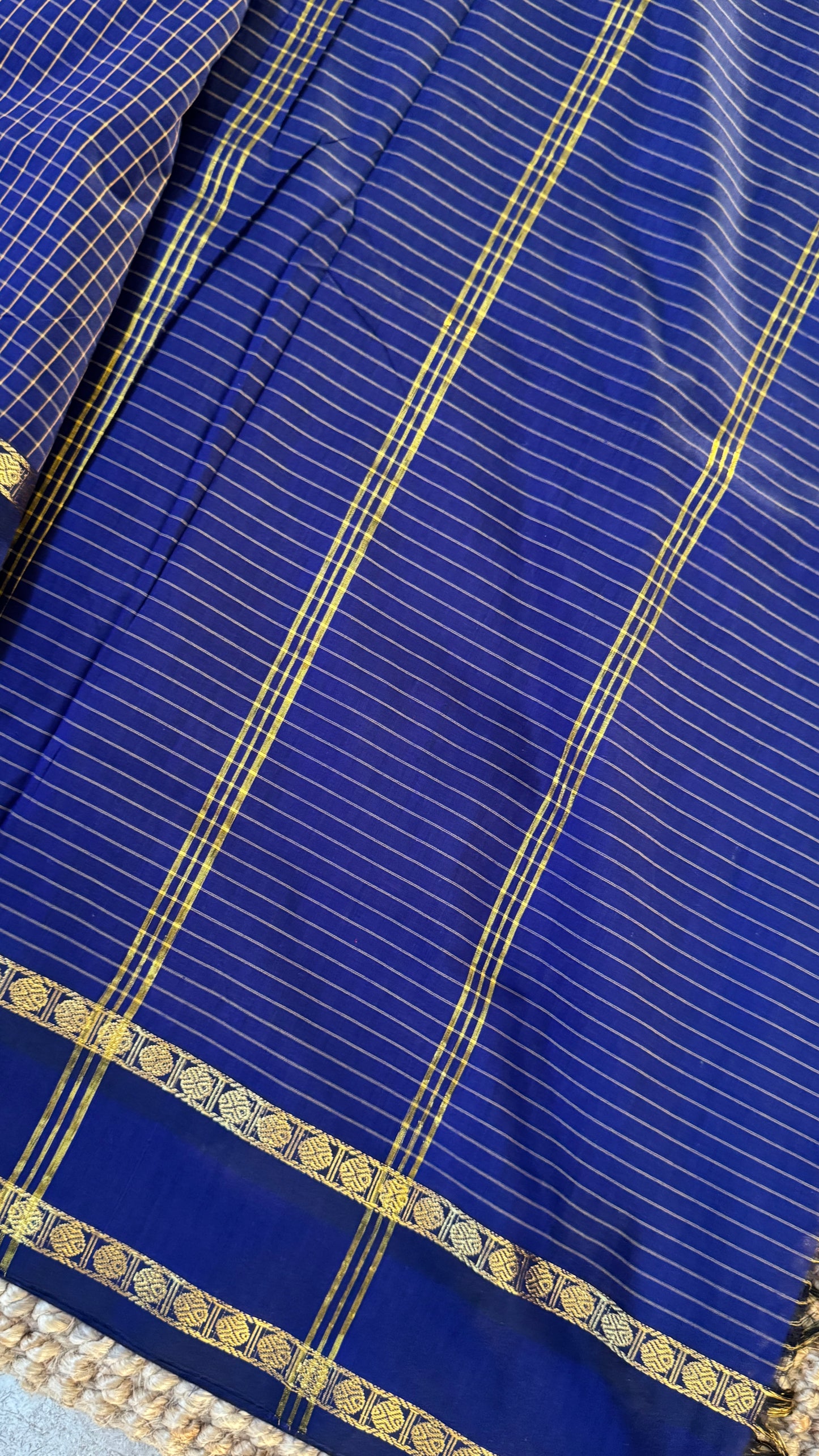 Pure Hand-Woven Checkered Cotton Silk Saree - Royal Blue