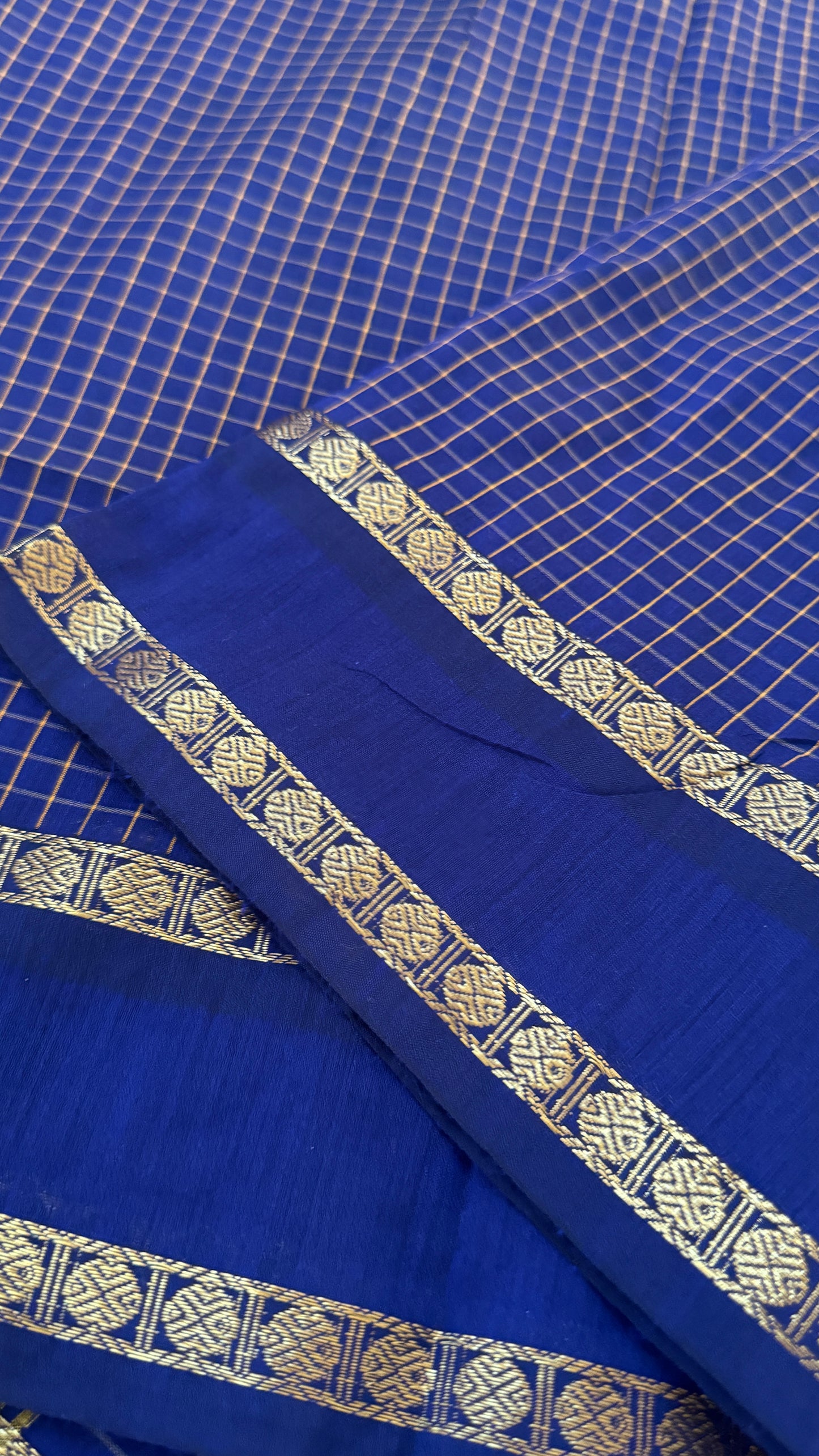 Pure Hand-Woven Checkered Cotton Silk Saree - Royal Blue