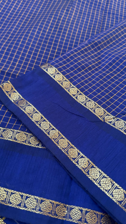 Pure Hand-Woven Checkered Cotton Silk Saree - Royal Blue