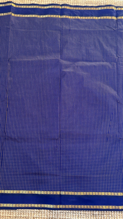 Pure Hand-Woven Checkered Cotton Silk Saree - Royal Blue