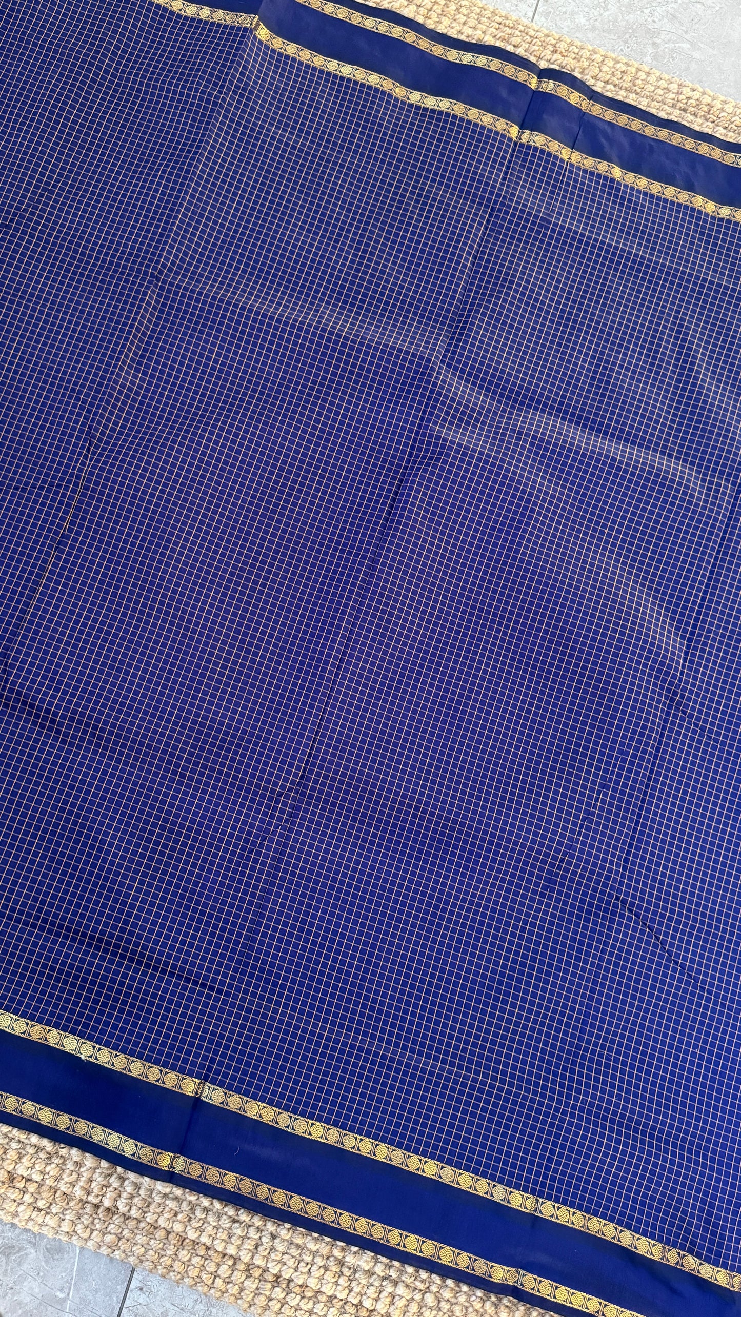 Pure Hand-Woven Checkered Cotton Silk Saree - Royal Blue