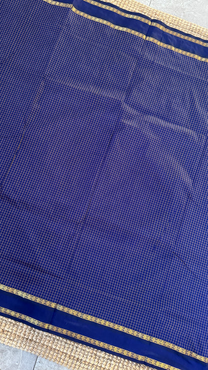 Pure Hand-Woven Checkered Cotton Silk Saree - Royal Blue