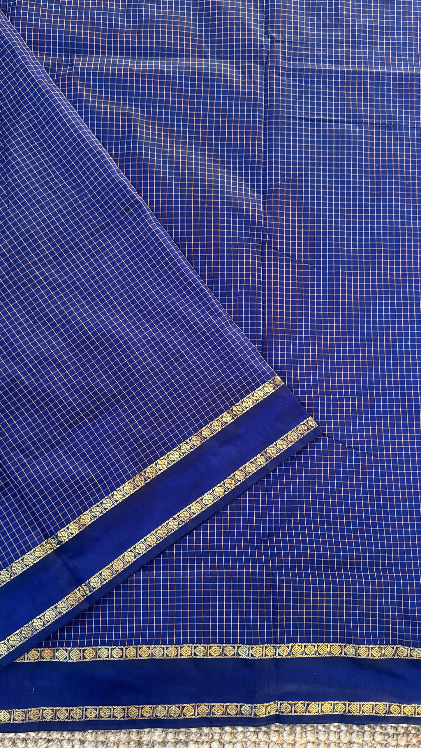 Pure Hand-Woven Checkered Cotton Silk Saree - Royal Blue