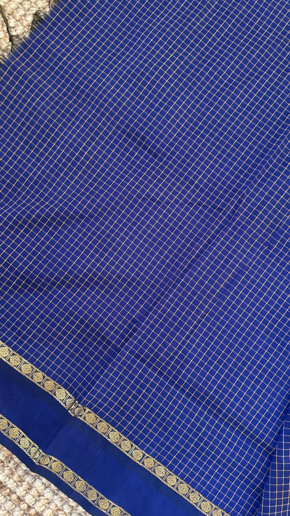 Pure Hand-Woven Checkered Cotton Silk Saree - Royal Blue