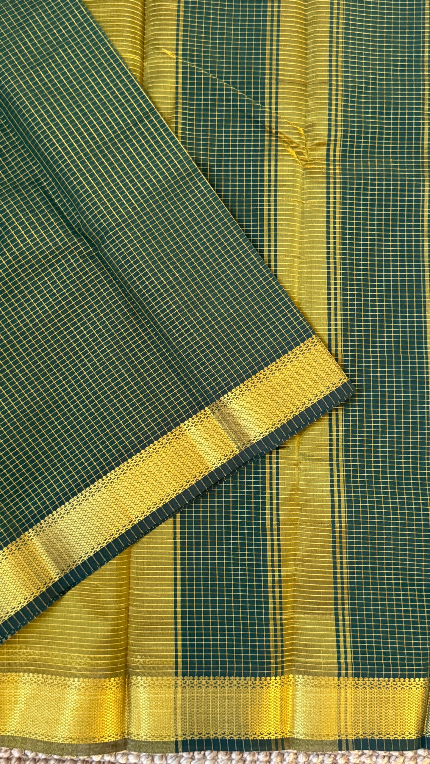 Pure Hand-Woven Checkered Tissue Silk Saree - Bottle Green