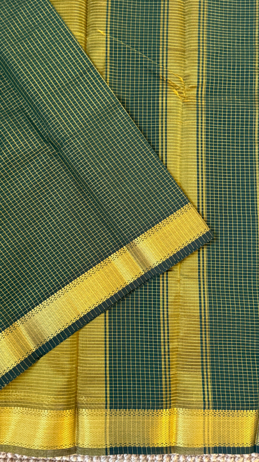 Pure Hand-Woven Checkered Tissue Silk Saree - Bottle Green