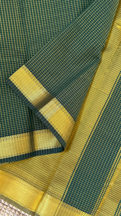 Pure Hand-Woven Checkered Tissue Silk Saree - Bottle Green