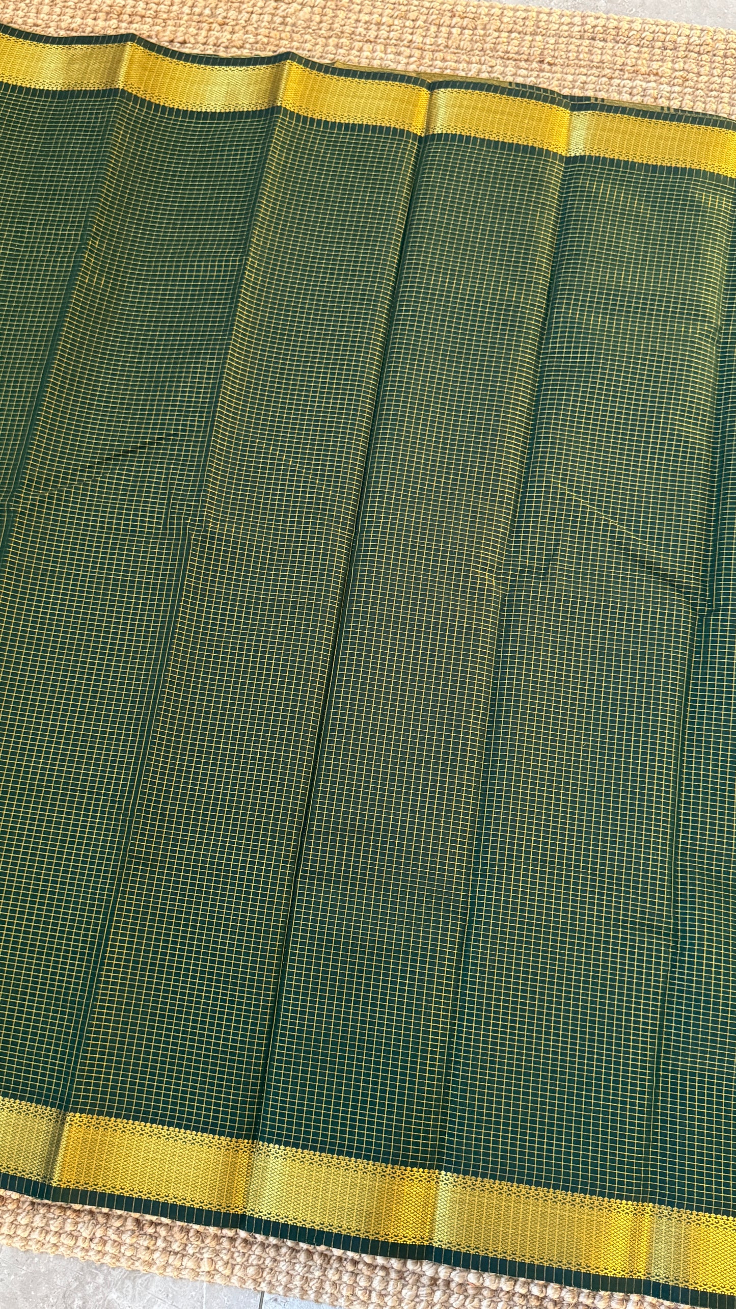 Pure Hand-Woven Checkered Tissue Silk Saree - Bottle Green