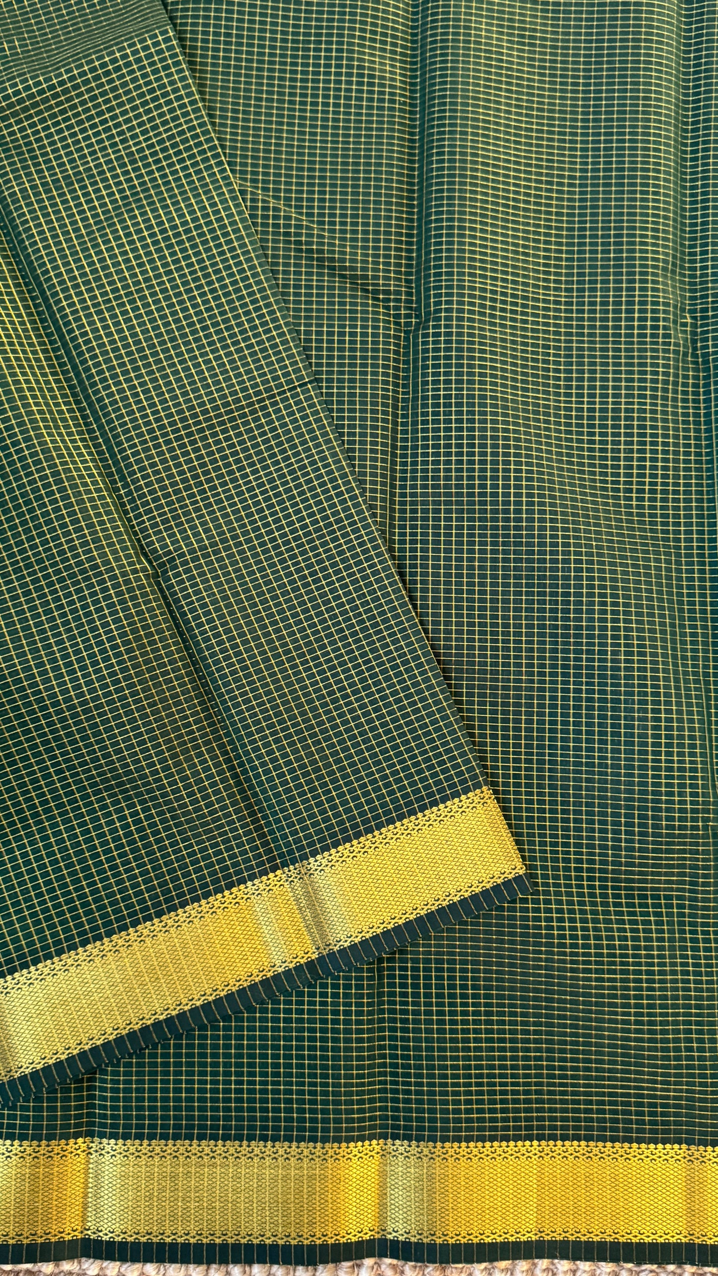 Pure Hand-Woven Checkered Tissue Silk Saree - Bottle Green