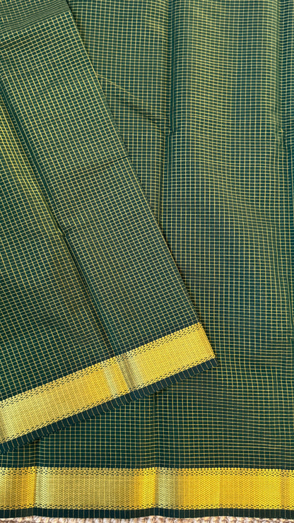 Pure Hand-Woven Checkered Tissue Silk Saree - Bottle Green