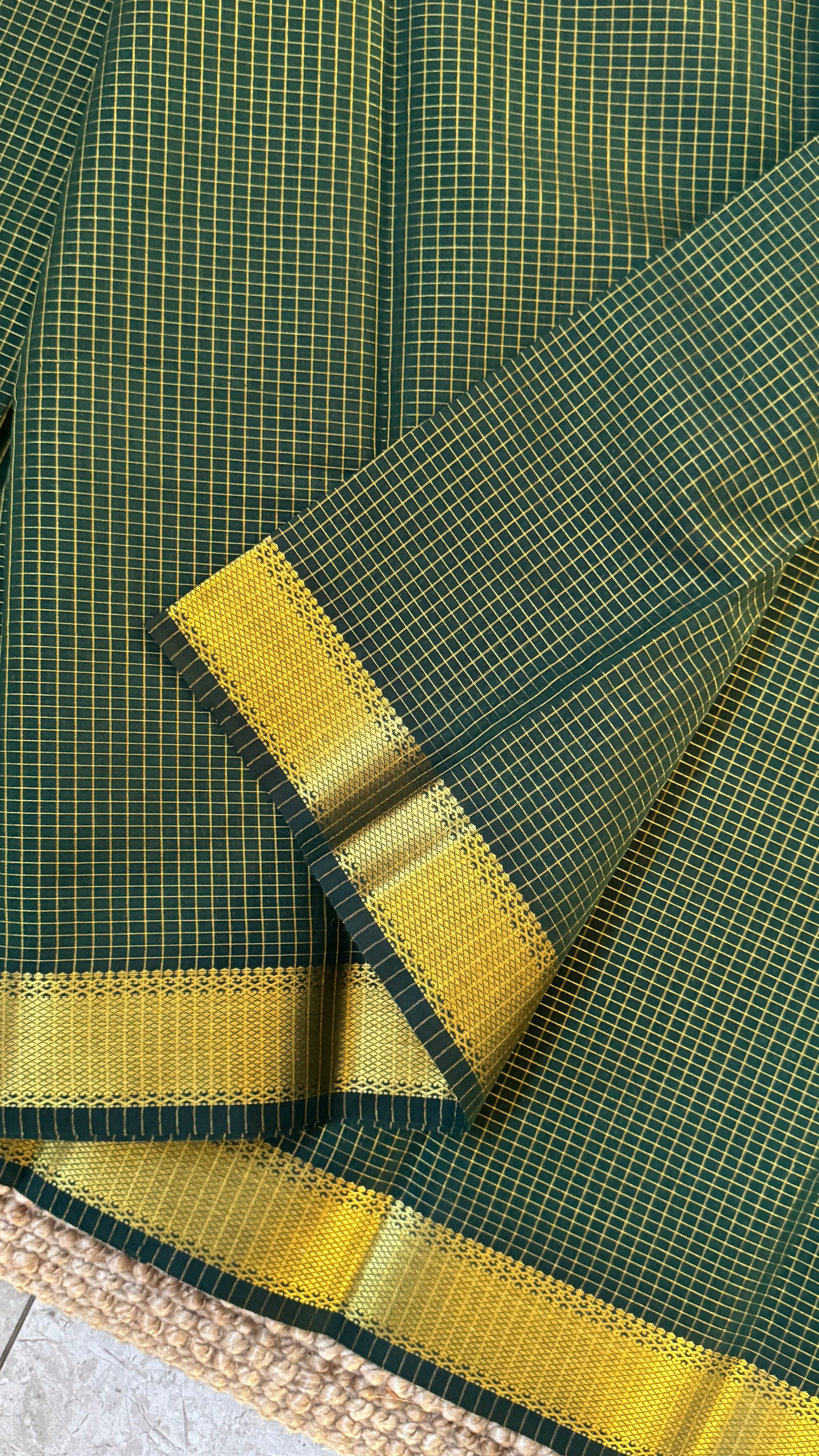 Pure Hand-Woven Checkered Tissue Silk Saree - Bottle Green