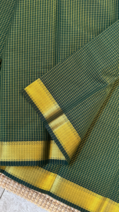 Pure Hand-Woven Checkered Tissue Silk Saree - Bottle Green