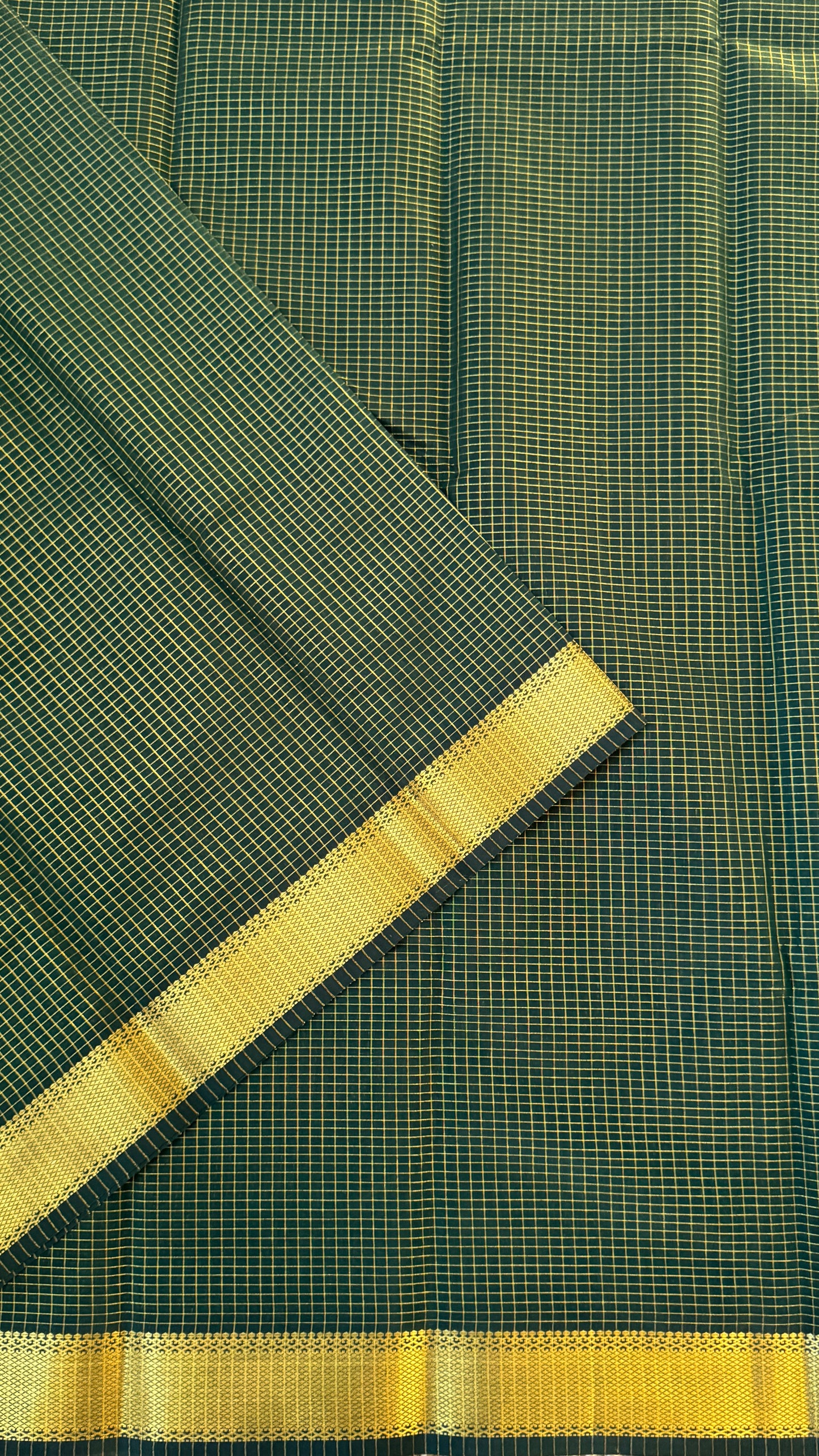 Pure Hand-Woven Checkered Tissue Silk Saree - Bottle Green