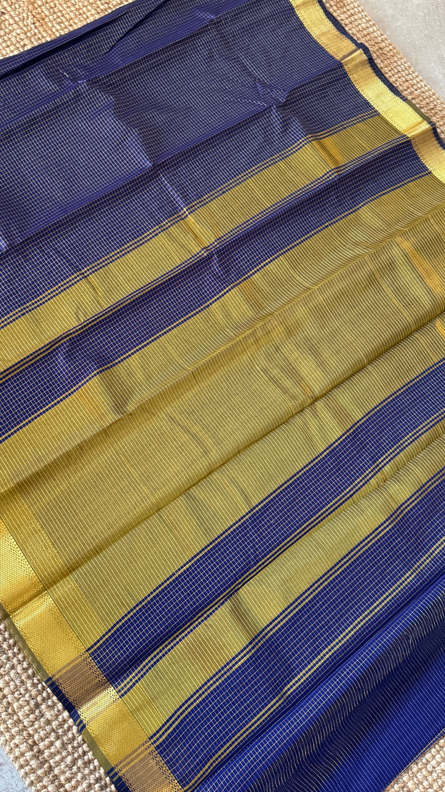Pure Hand-Woven Checkered Tissue Silk Saree - Royal Blue
