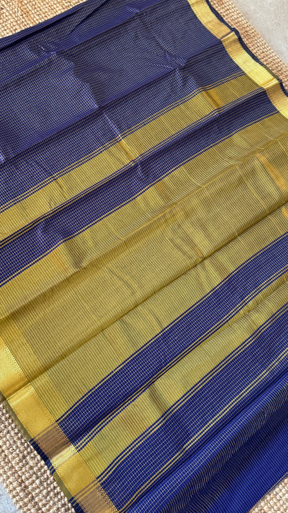 Pure Hand-Woven Checkered Tissue Silk Saree - Royal Blue