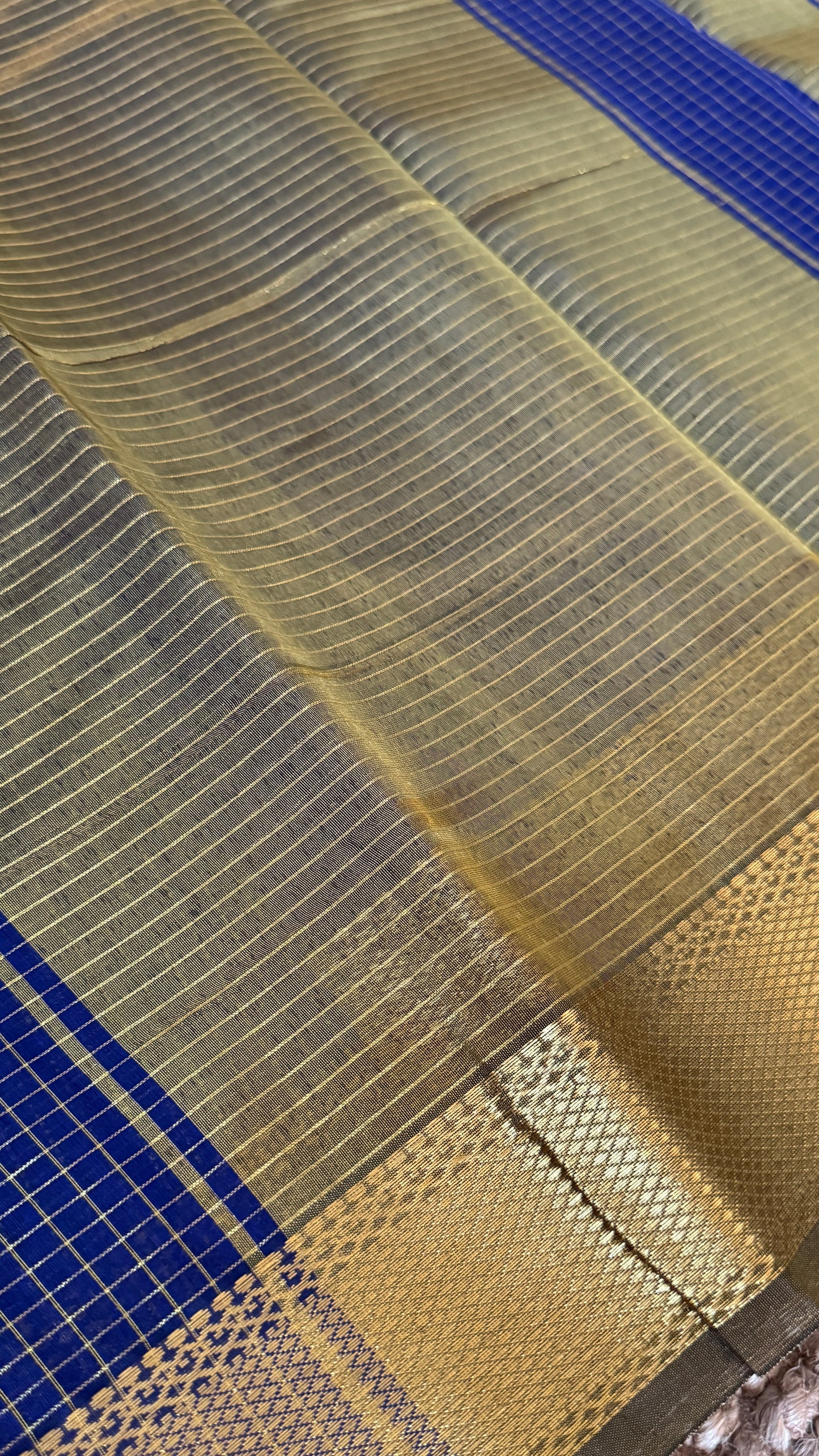 Pure Hand-Woven Checkered Tissue Silk Saree - Royal Blue