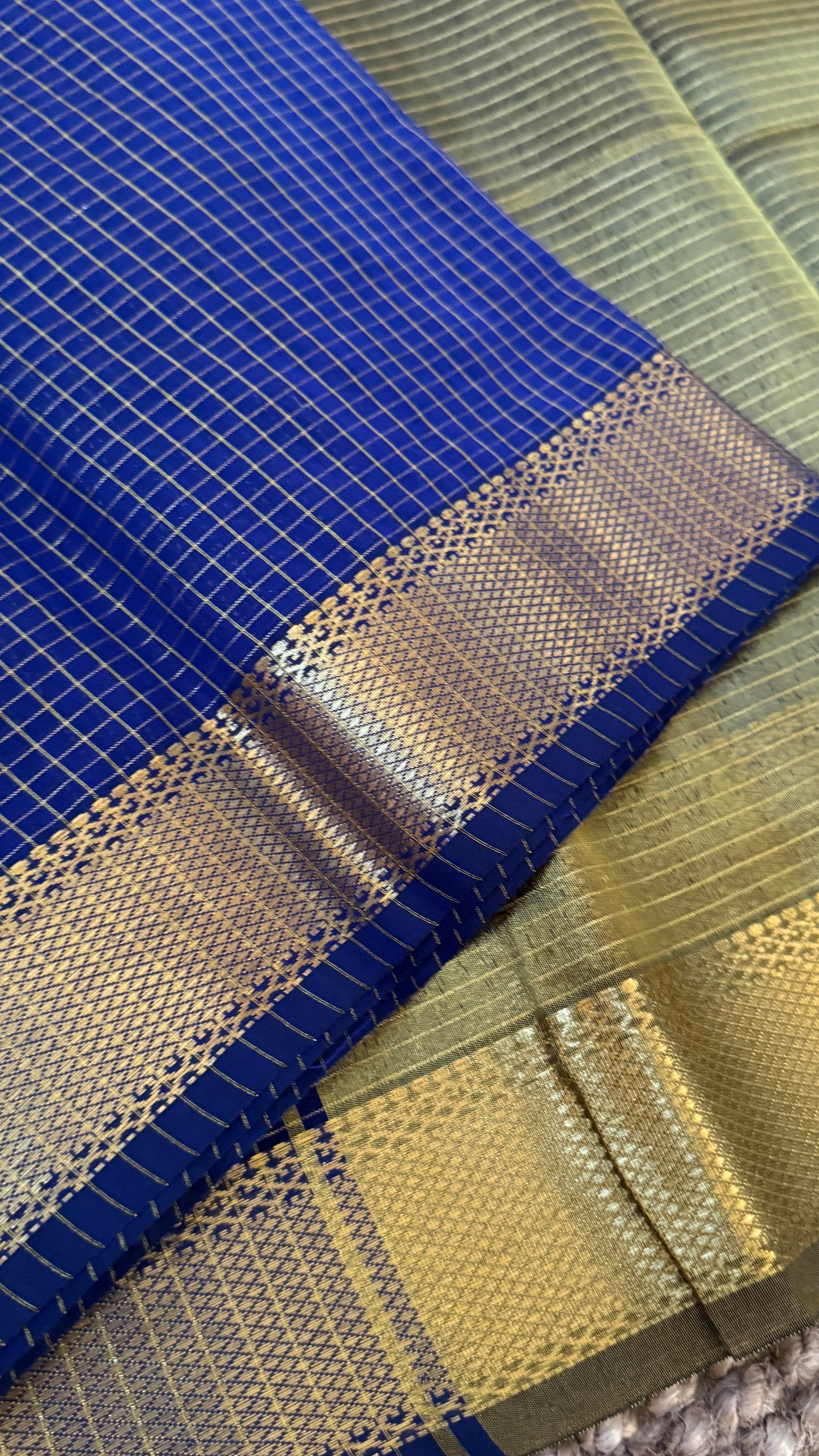 Pure Hand-Woven Checkered Tissue Silk Saree - Royal Blue