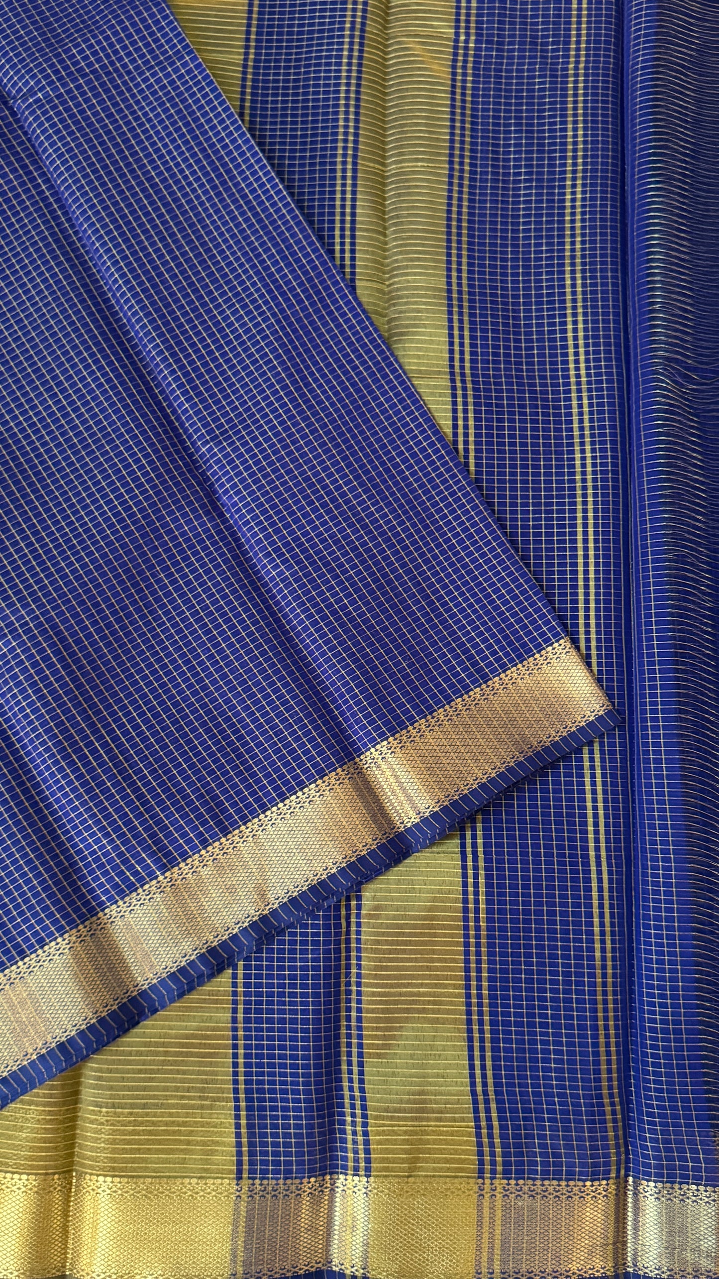 Pure Hand-Woven Checkered Tissue Silk Saree - Royal Blue