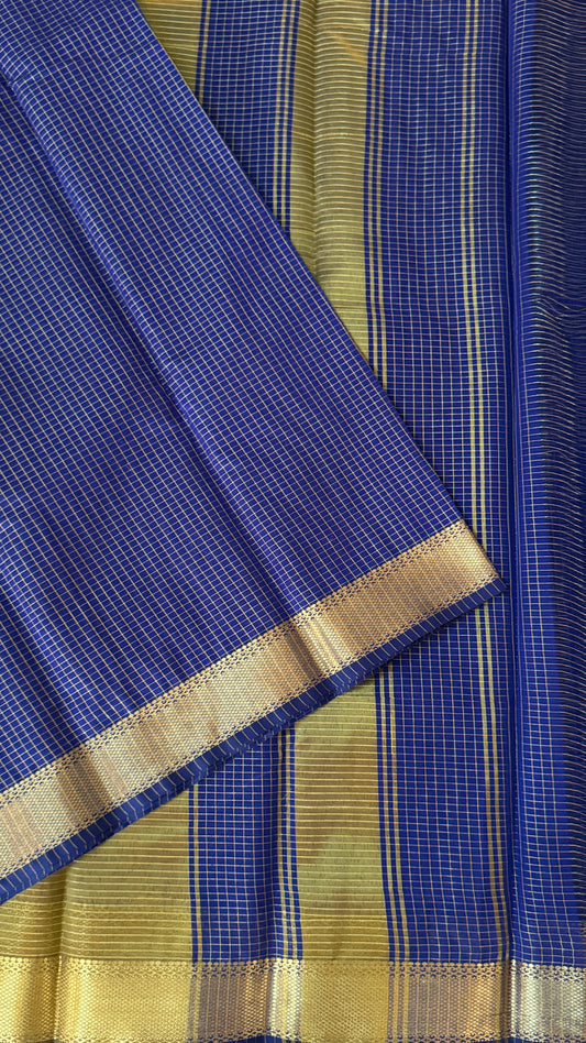 Pure Hand-Woven Checkered Tissue Silk Saree - Royal Blue