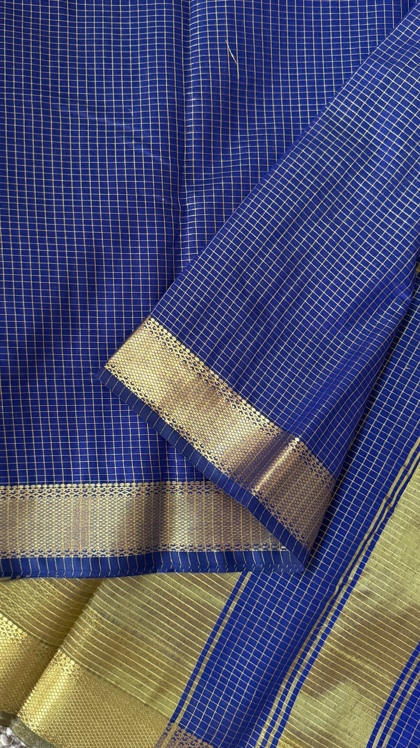 Pure Hand-Woven Checkered Tissue Silk Saree - Royal Blue