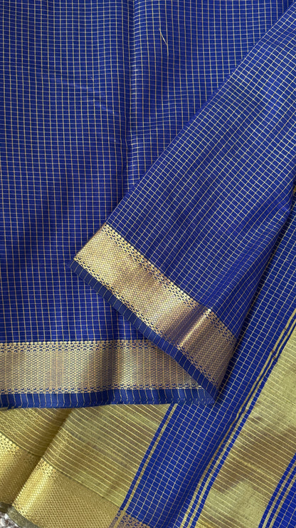 Pure Hand-Woven Checkered Tissue Silk Saree - Royal Blue