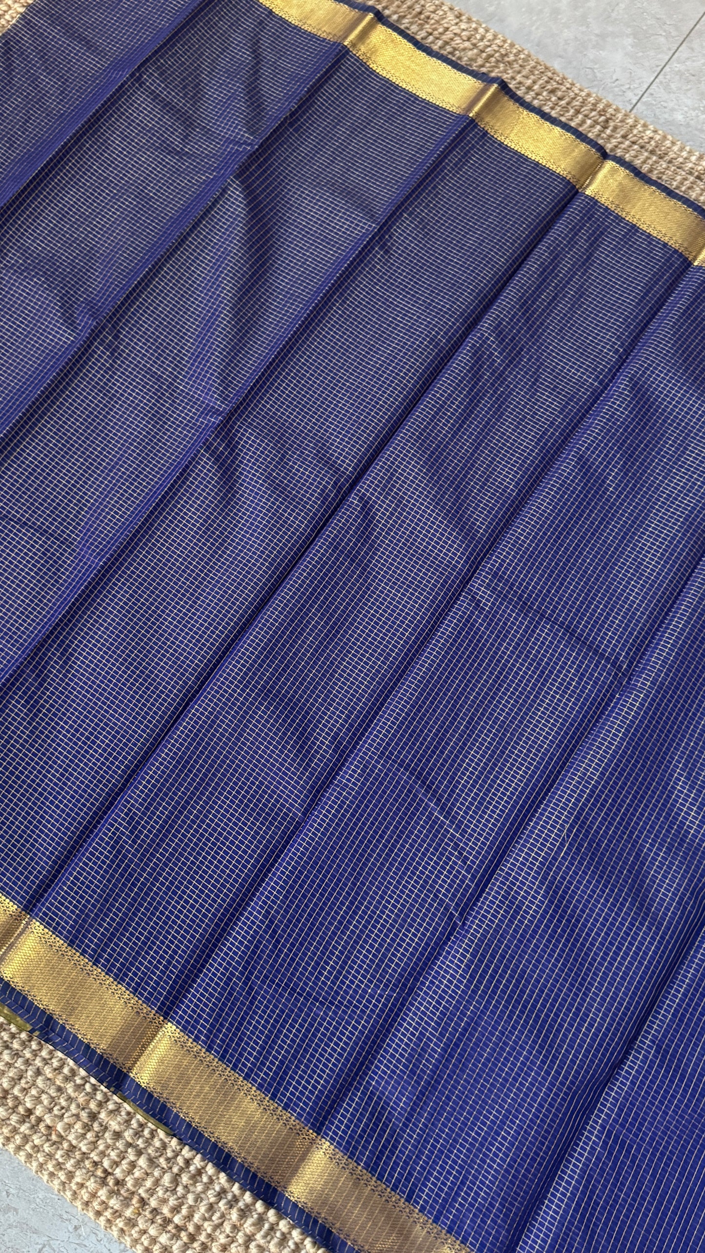 Pure Hand-Woven Checkered Tissue Silk Saree - Royal Blue