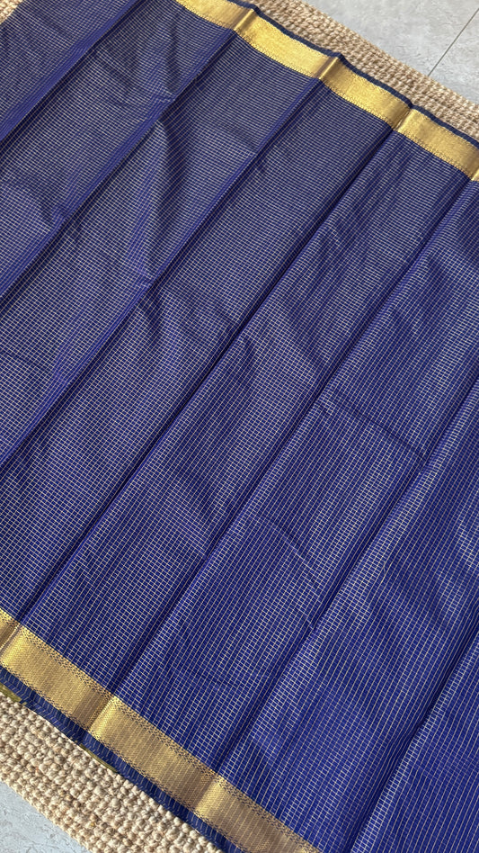 Pure Hand-Woven Checkered Tissue Silk Saree - Royal Blue